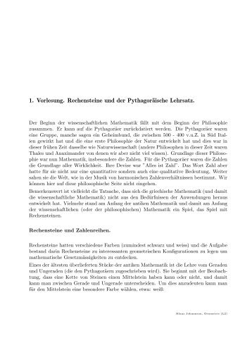 1. Vorlesung. Rechensteine und der Pythagoräische Lehrsatz.