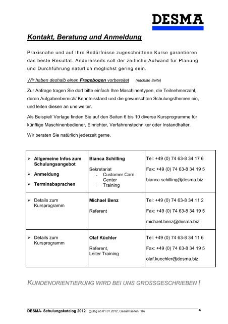 Schulungskatalog 2012 - bei der DESMA