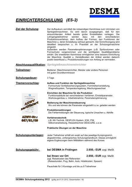 Schulungskatalog 2012 - bei der DESMA