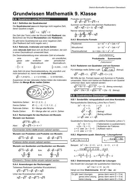 Grundwissen Mathematik 9. Klasse - Dietrich-Bonhoeffer-Gymnasium