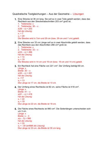 Quadratische Textgleichungen – Aus der Geometrie - Lösungen