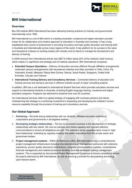 BHI International Capability Statement - Box Hill Institute of TAFE