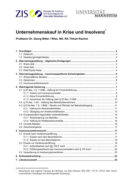 Unternehmenskauf in Krise und Insolvenz - ZIS - Universität ...