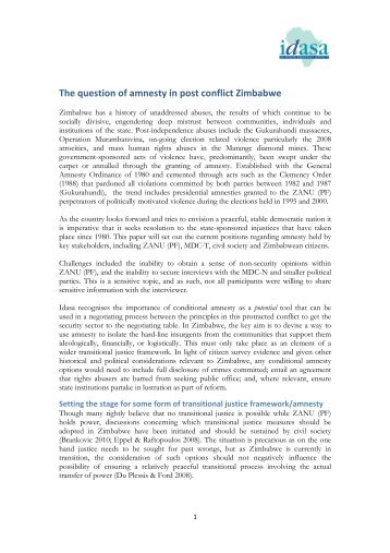 The question of amnesty in post conflict Zimbabwe - Idasa