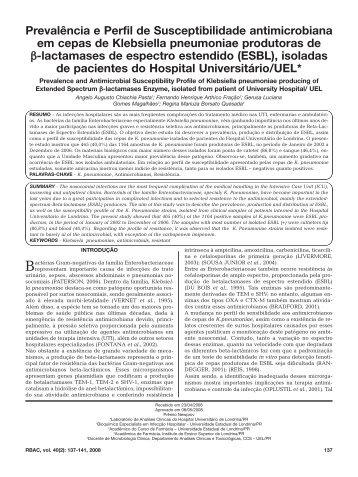 Prevalência e Perfil de Susceptibilidade antimicrobiana em cepas ...