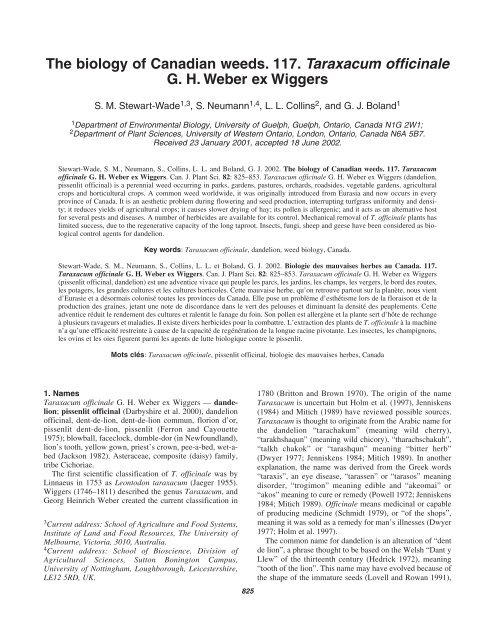 The biology of Canadian weeds. 117. Taraxacum officinale G. H. ...