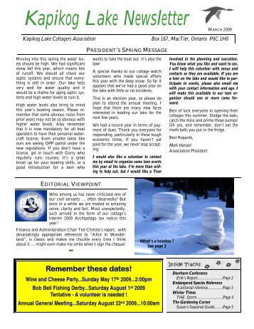 Kapikog Lake Newsletter - Kapikog Lake Cottagers Association