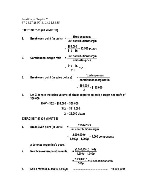 EXERCISE 7-23 (20 MINUTES) 1. Break-even point (in units ...