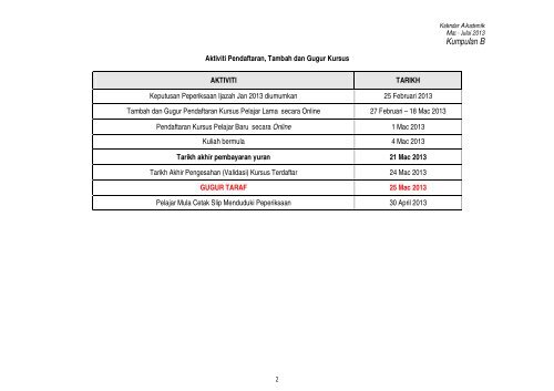 Kalendar Akademik Kump B Mac Julai 2013
