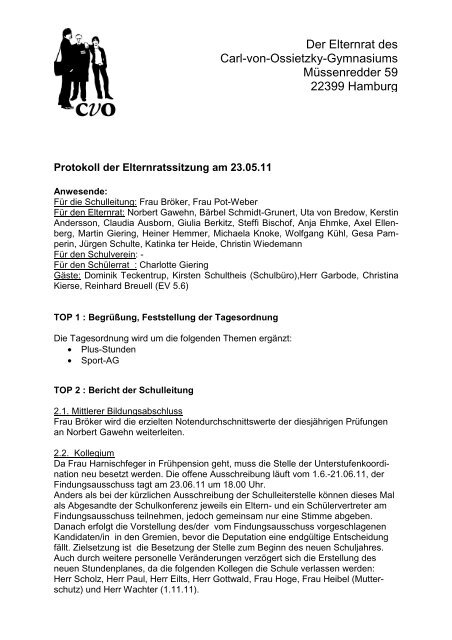 Protokoll der Elternratssitzung am 23 05 11 b - Carl-von-Ossietzky ...