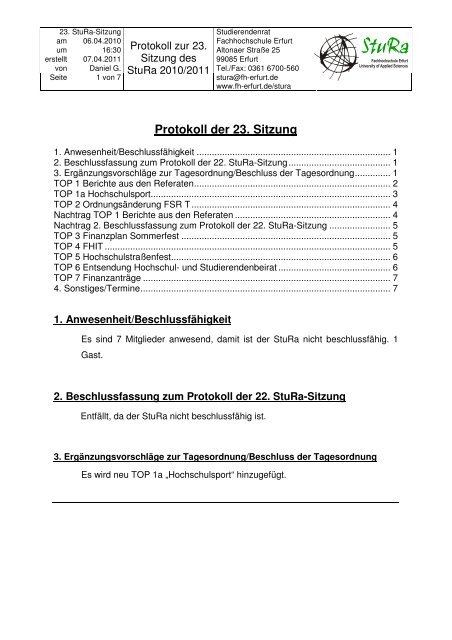 Protokoll der 23. Sitzung - Fachhochschule Erfurt