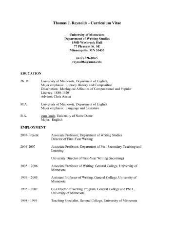 Thomas J. Reynolds - Curriculum Vitae - University of Minnesota