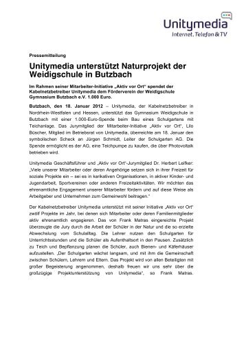 Unitymedia unterstützt Naturprojekt der Weidigschule in Butzbach
