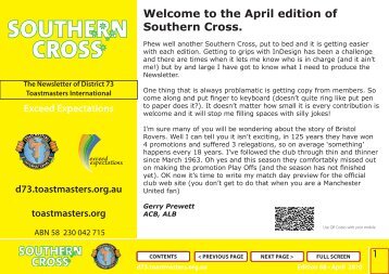 the April edition of Southern Cross. - District 73 Toastmasters