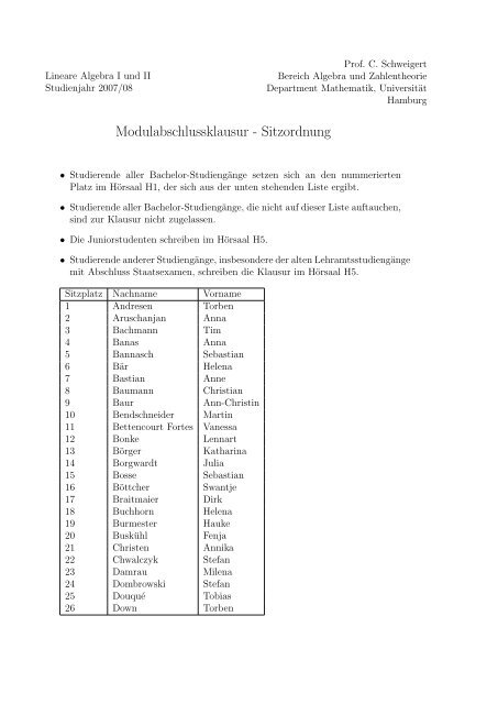 Modulabschlussklausur - Sitzordnung - Universität Hamburg