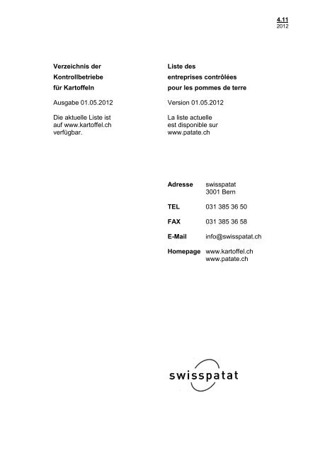 Verzeichnis der Liste des - Swisspatat