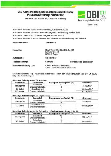 Zertifikat Kaminofen CREMONA - DROOFF Kaminöfen