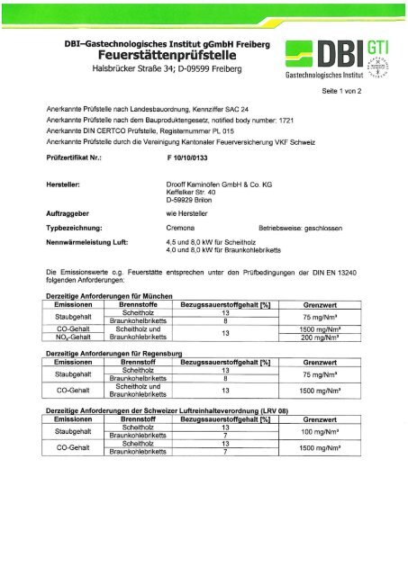 Zertifikat Kaminofen CREMONA - DROOFF Kaminöfen