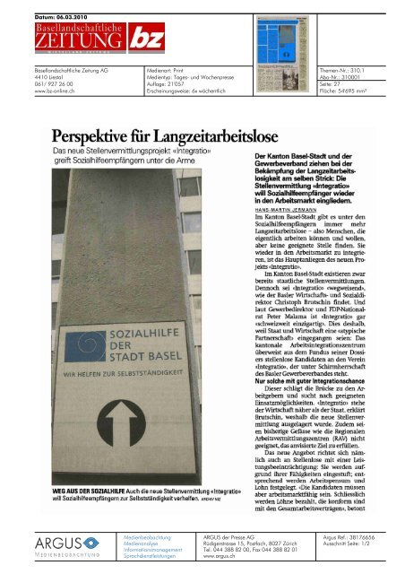 Stellenvermittlungsprojekt Integratio - Sozialhilfe - Kanton Basel-Stadt