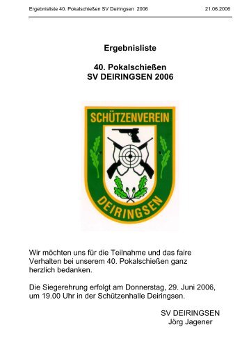 Ergebnisliste 40. Pokalschießen SV DEIRINGSEN 2006