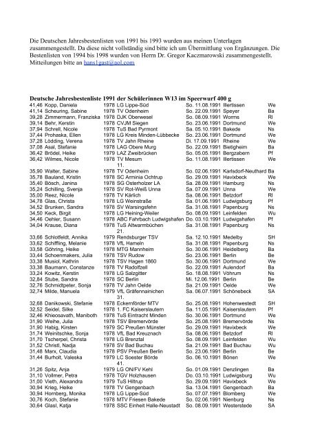 Die Deutschen Jahresbestenlisten von 1991 bis 1993 wurden aus ...