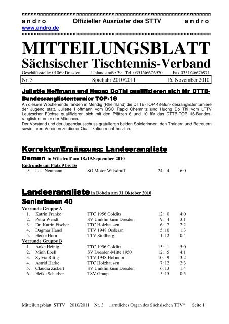 MITTEILUNGSBLATT Sächsischer Tischtennis ... - TTV Auerbach eV