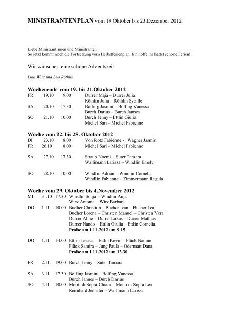 MINISTRANTENPLAN vom 1. Februar bis 22. März ... - Kirche Kerns