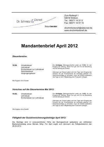 Mandantenbrief April 2012 - Dr. Schmitz & Donell