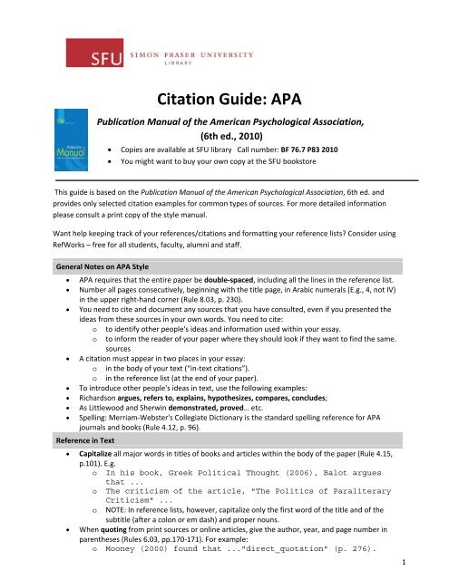 Citation Guide: APA - SFU Library - Simon Fraser University