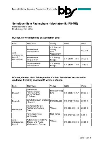 Schulbuchliste Fachschule - Mechatronik (FS-ME)