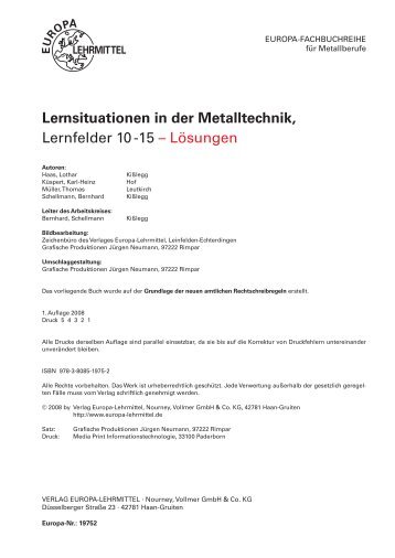Lernsituationen in der Metalltechnik, Lernfelder 10 -15 – Lösungen