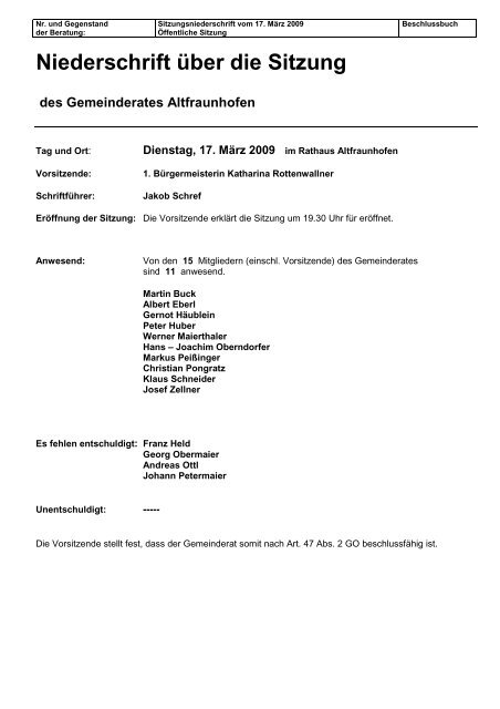 Niederschrift über die Sitzung des Gemeinderates Altfraunhofen