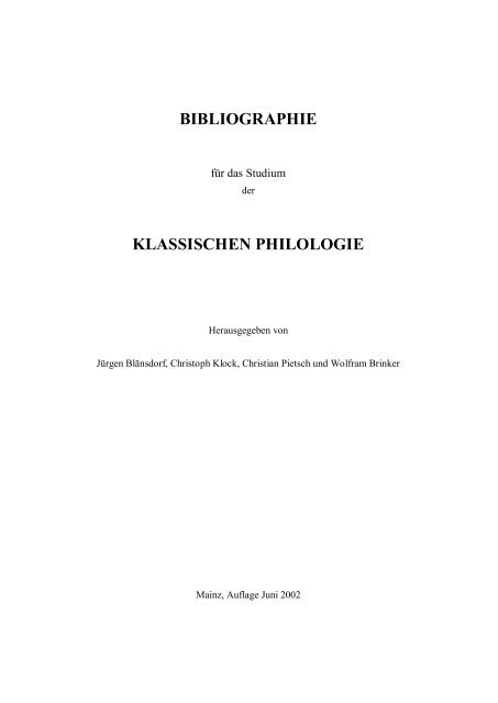 Bibliographie Seminar Fur Klassische Philologie
