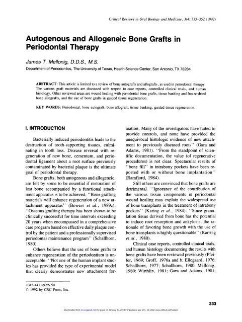 Autogenous and Allogeneic Bone Grafts in Periodontal Therapy