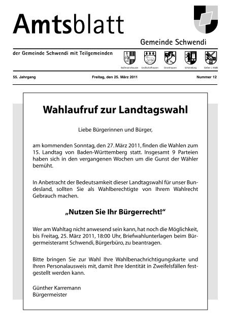 Wahlaufruf zur Landtagswahl - Schwendi