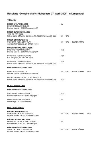 Resultate Clubausstellung 27.04.081 - Molosser-Club der Schweiz