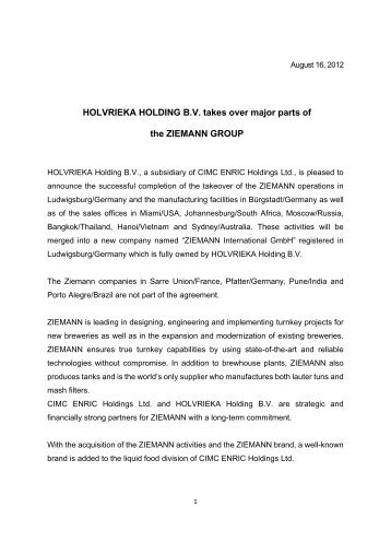 HOLVRIEKA HOLDING B.V. takes over major parts of the ZIEMANN ...
