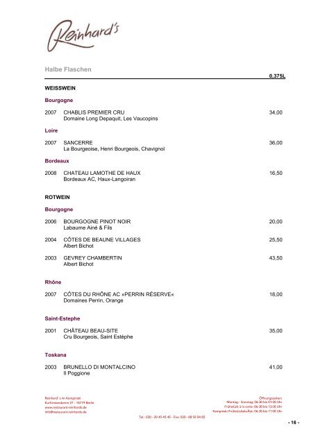 Inhaltsverzeichnis - Restaurant Reinhards