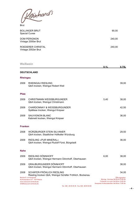 Inhaltsverzeichnis - Restaurant Reinhards