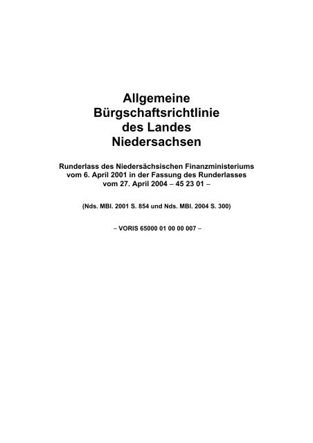 Allgemeine Bürgschaftsrichtlinie des Landes Niedersachsen - Wigos