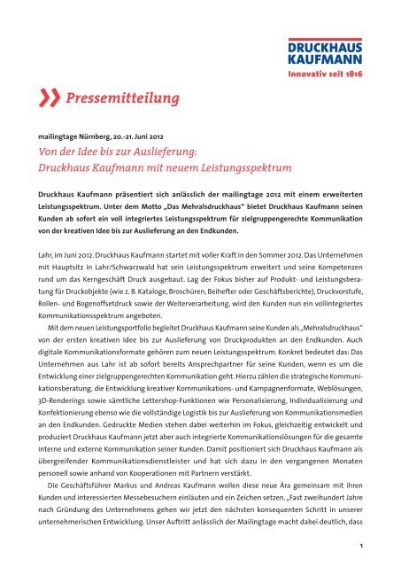 Pressemitteilung - Druckhaus Kaufmann