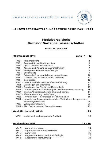 Modulverzeichnis Bachelor Agrarwissenschaften, Stand 1