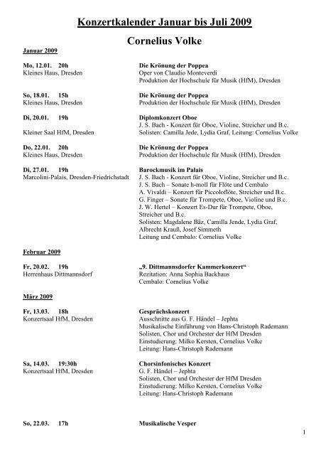 Konzertkalender Januar bis Juli 2009 Cornelius Volke