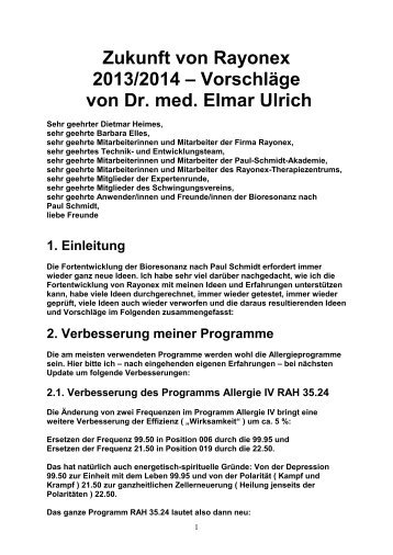 Zukunft von Rayonex - Vorschläge - Dr. med. Elmar Ulrich
