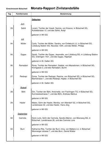 Monats-Rapport Zivilstandsfälle