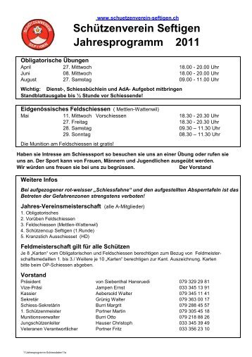 Schützenverein Seftigen Jahresprogramm 2011 - Rolf Schenk
