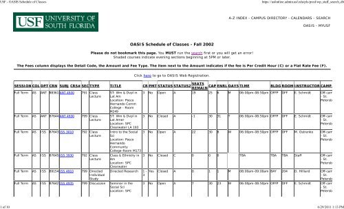 USF - OASIS Schedule of Classes