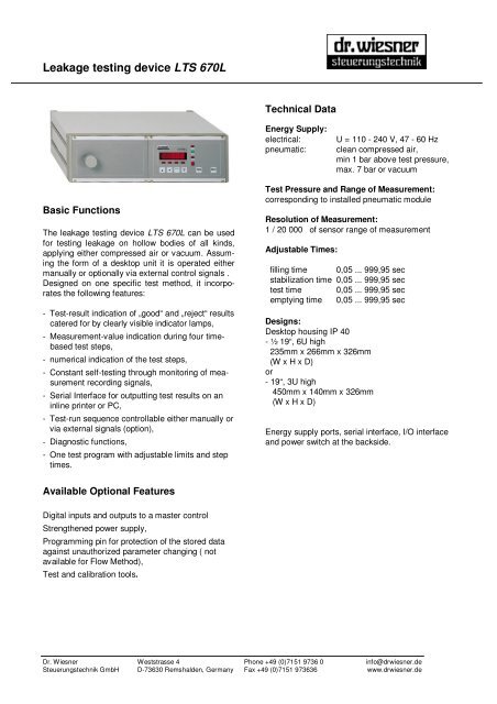 Leakage testing device LTS 670L (PDF) - Dr. Wiesner