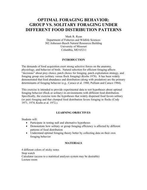 OPTIMAL FORAGING BEHAVIOR: GROUP VS. SOLITARY ...