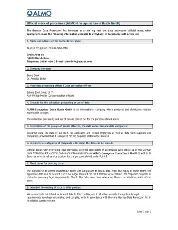 Official index of procedures (ALMO-Erzeugnisse Erwin Busch GmbH)